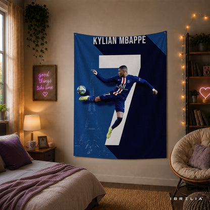 Kylian Mbappé Number 7 PSG Wall Tapestry | Premium Heavyweight Jute Fabric Wall Hanging