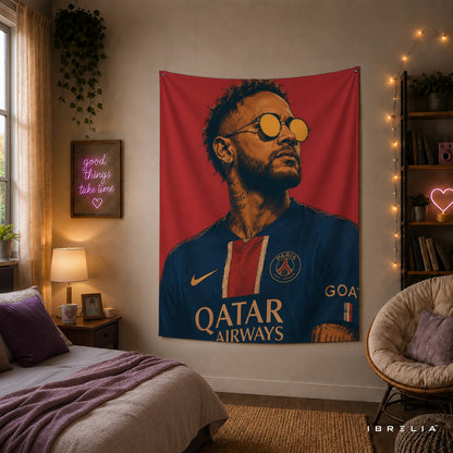 Neymar PSG Retro Portrait Wall Tapestry | Premium Heavyweight Jute Fabric Wall Hanging