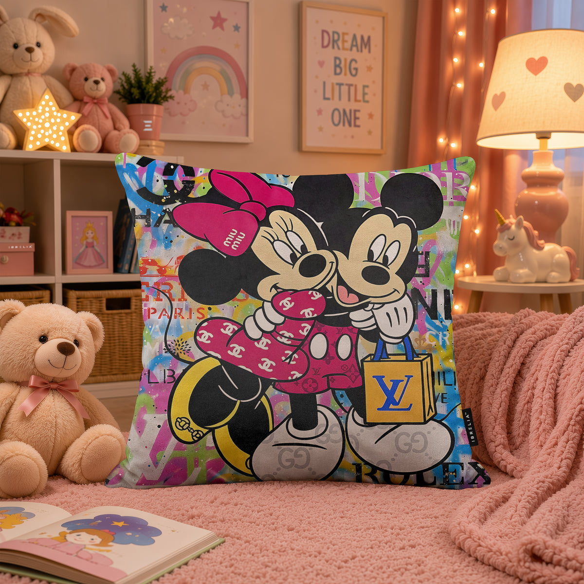 Mickey & Minnie Luxury Embrace Pop Art Cushion | Premium Velvet Suede | Double-Sided Print