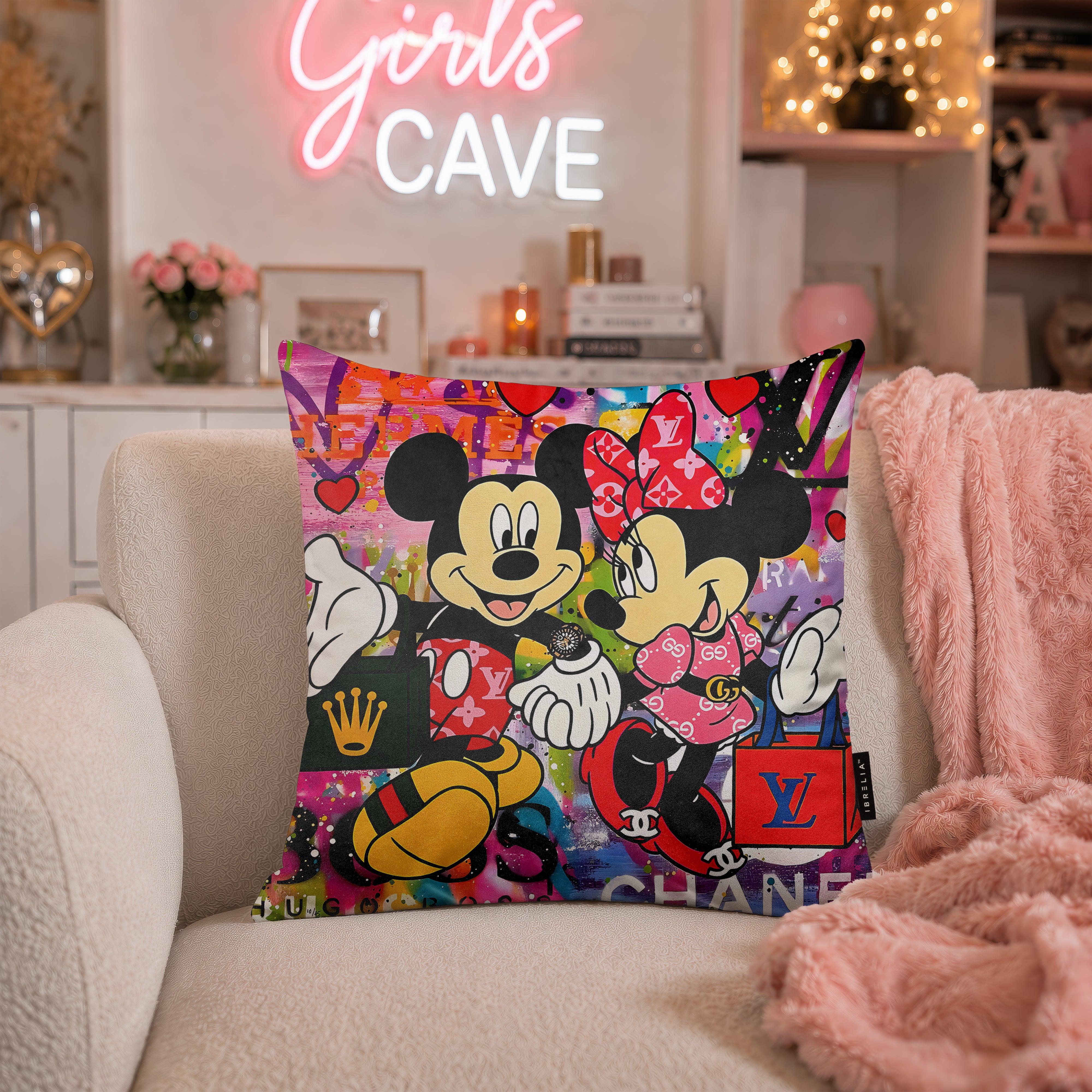 Mickey & Minnie Luxury Love Pop Art Cushion | Premium Velvet Suede | Double-Sided Print