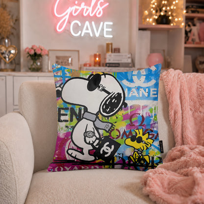 Snoopy & Woodstock Luxury Fashion Pop Art Cushion | Premium Velvet Suede | Double-Sided Print