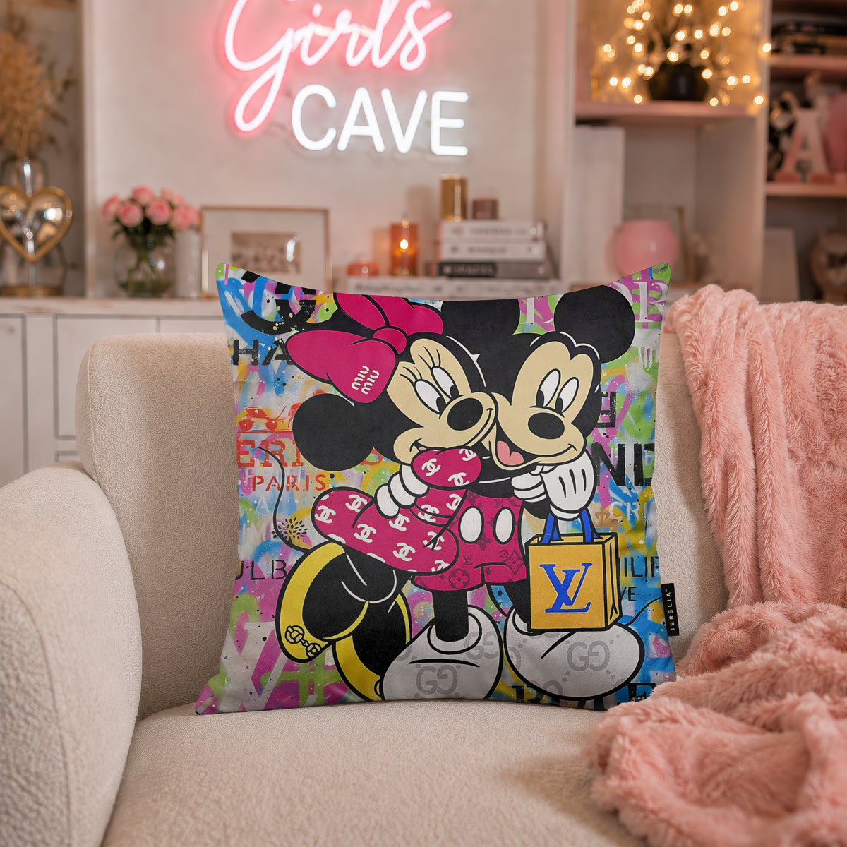 Mickey & Minnie Luxury Embrace Pop Art Cushion | Premium Velvet Suede | Double-Sided Print