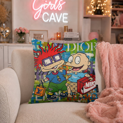 Rugrats Chuckie & Tommy Luxury Shopping Pop Art Cushion | Premium Velvet Suede | Double-Sided Print