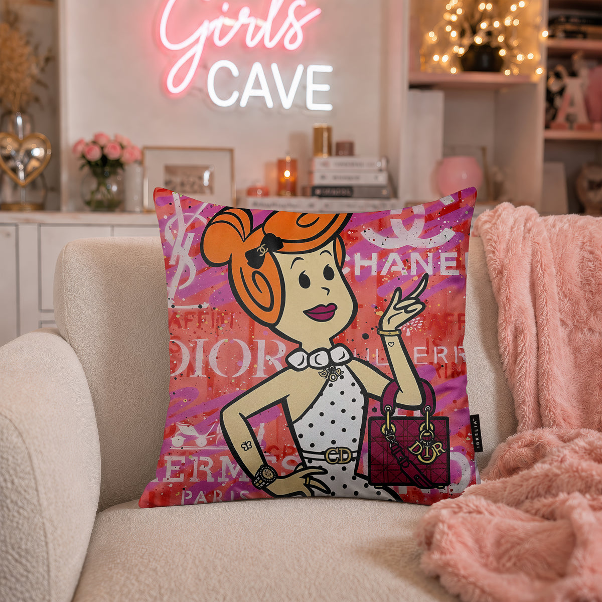 Wilma Flintstone Luxury Fashion Pop Art Cushion | Premium Velvet Suede | Double-Sided Print