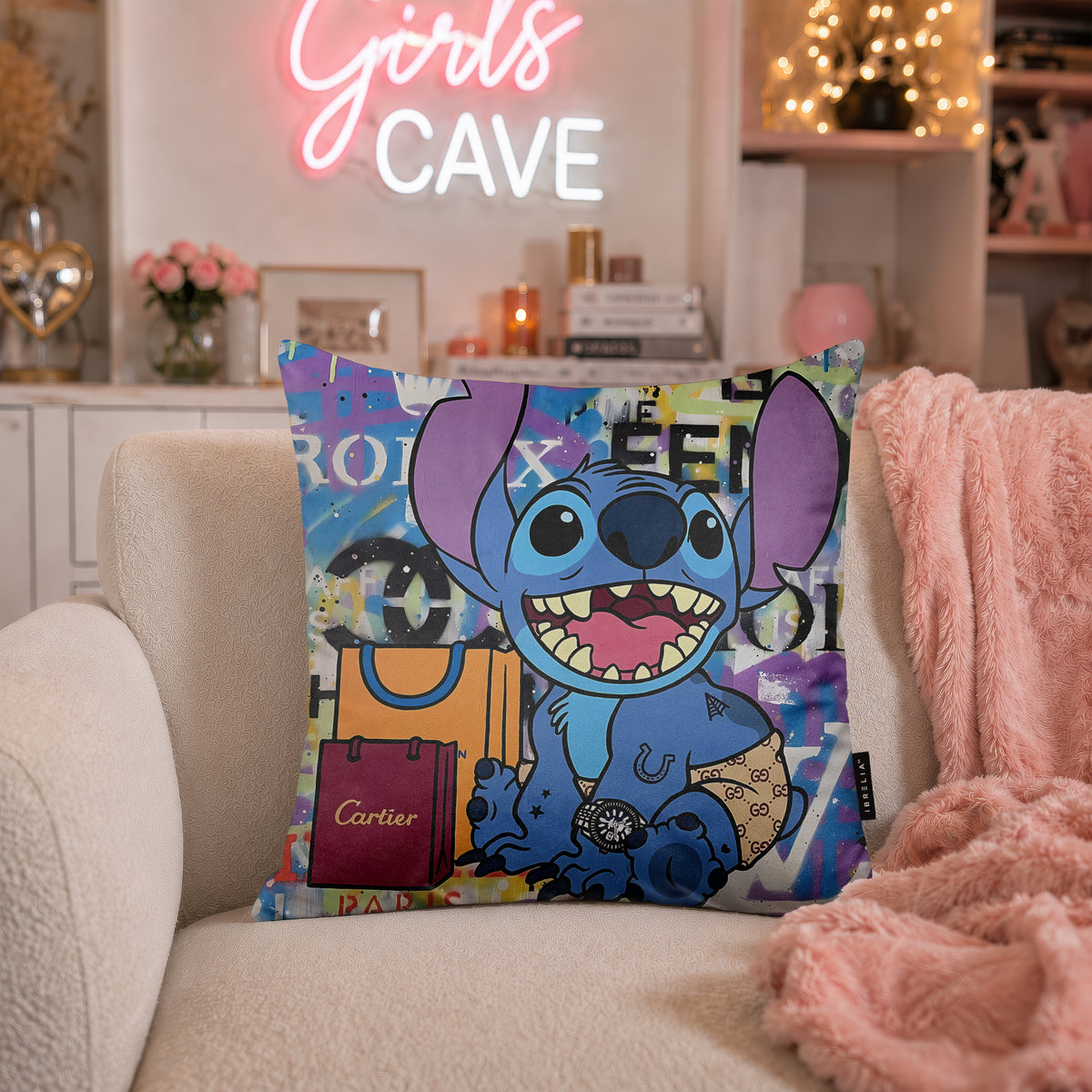 Stitch Luxury Shopping Pop Art Cushion | Premium Velvet Suede | Double-Sided Print
