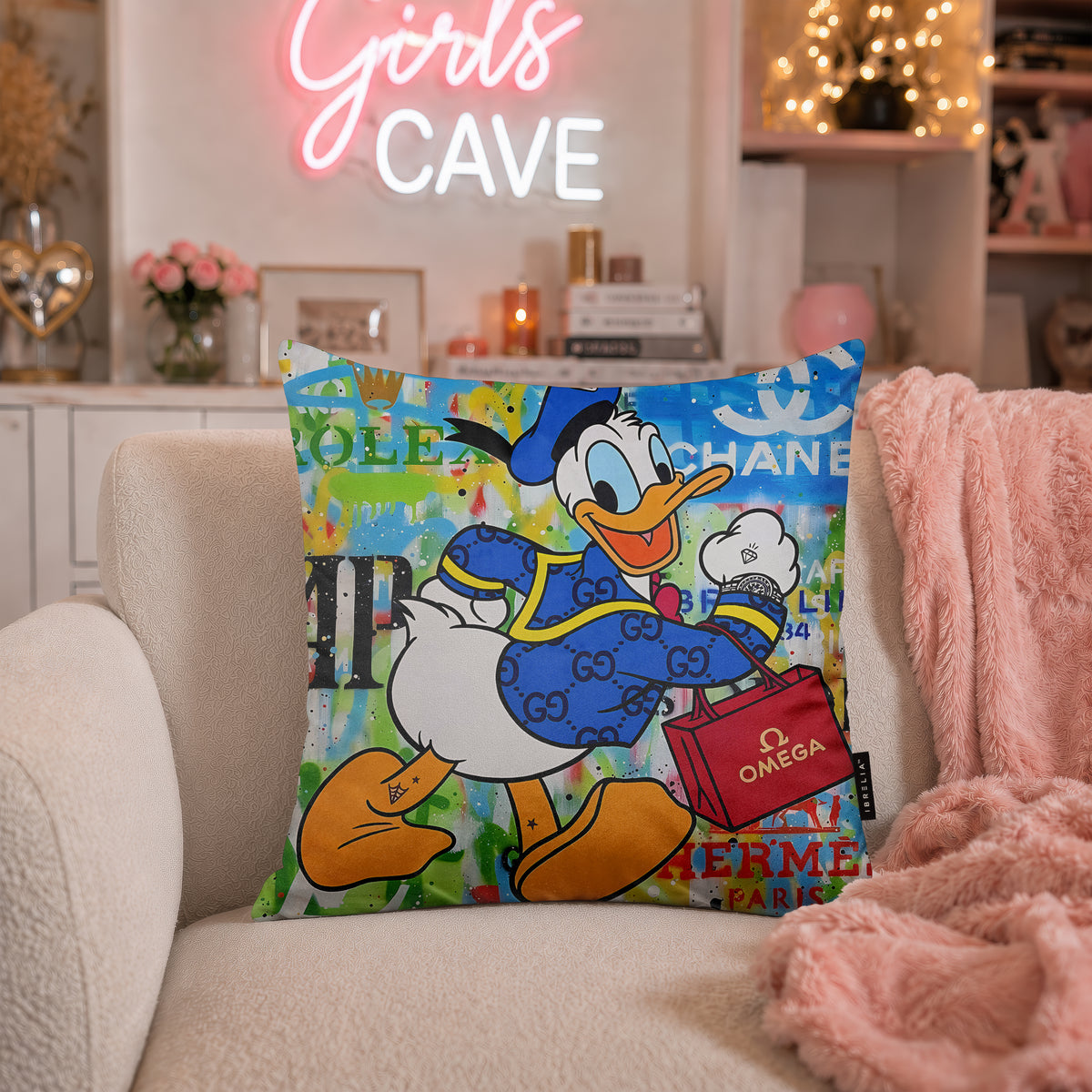 Donald Duck Luxury Shopping Pop Art Cushion | Premium Velvet Suede | Double-Sided Print