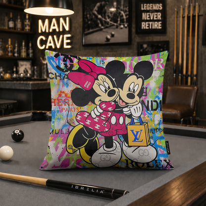 Mickey & Minnie Luxury Embrace Pop Art Cushion | Premium Velvet Suede | Double-Sided Print