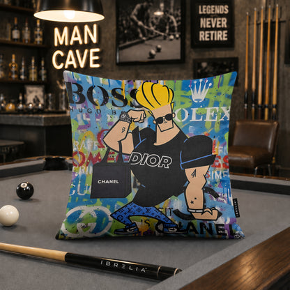 Johnny Bravo Luxury Shopping Fashion Pop Art Cushion | Premium Velvet Suede | Double-Sided Print