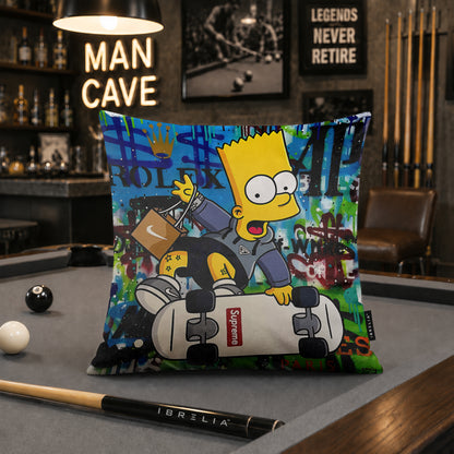 Bart Simpson Skateboard Pop Art Cushion | Premium Velvet Suede | Double-Sided Print
