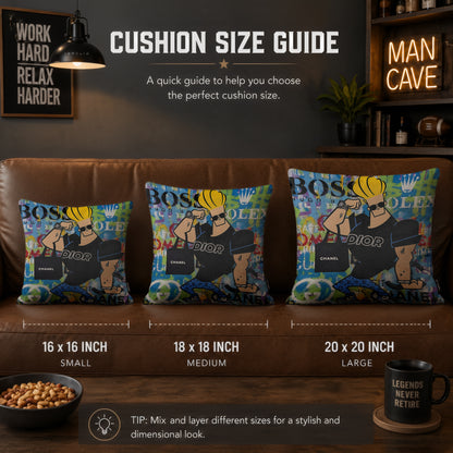 Johnny Bravo Luxury Shopping Fashion Pop Art Cushion | Premium Velvet Suede | Double-Sided Print