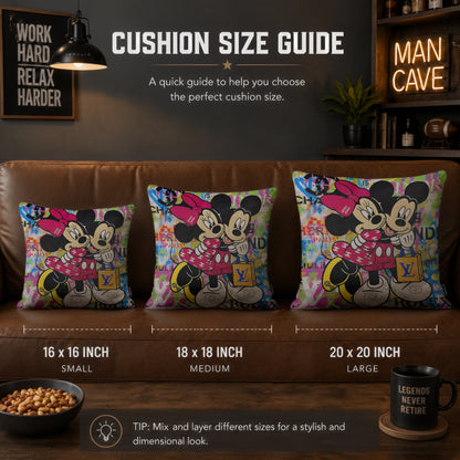 Mickey & Minnie Luxury Embrace Pop Art Cushion | Premium Velvet Suede | Double-Sided Print