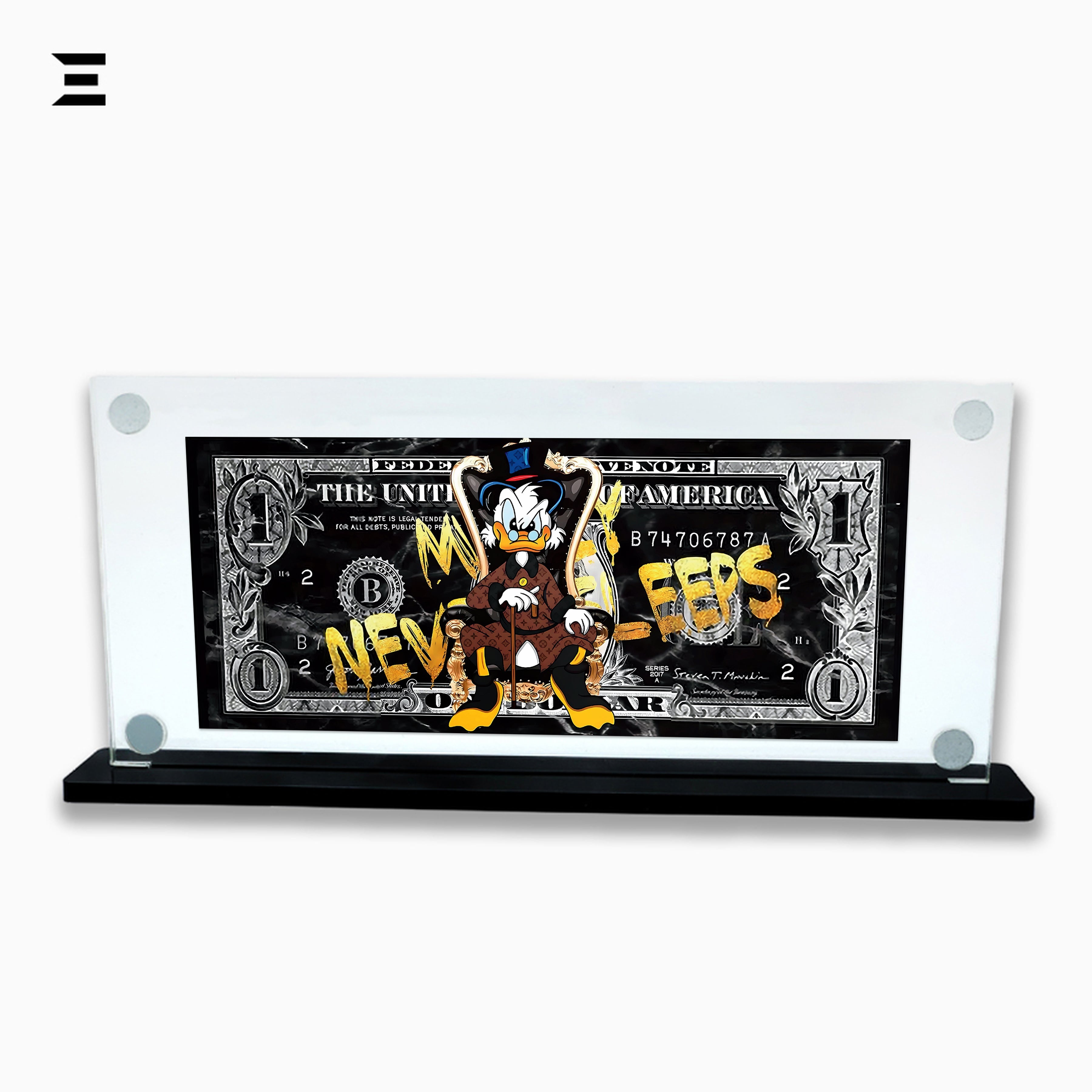 Premium Magnetic Acrylic Frame with Black Base – Scrooge McDuck "Money Never Sleeps" Pop Art IBRELIA