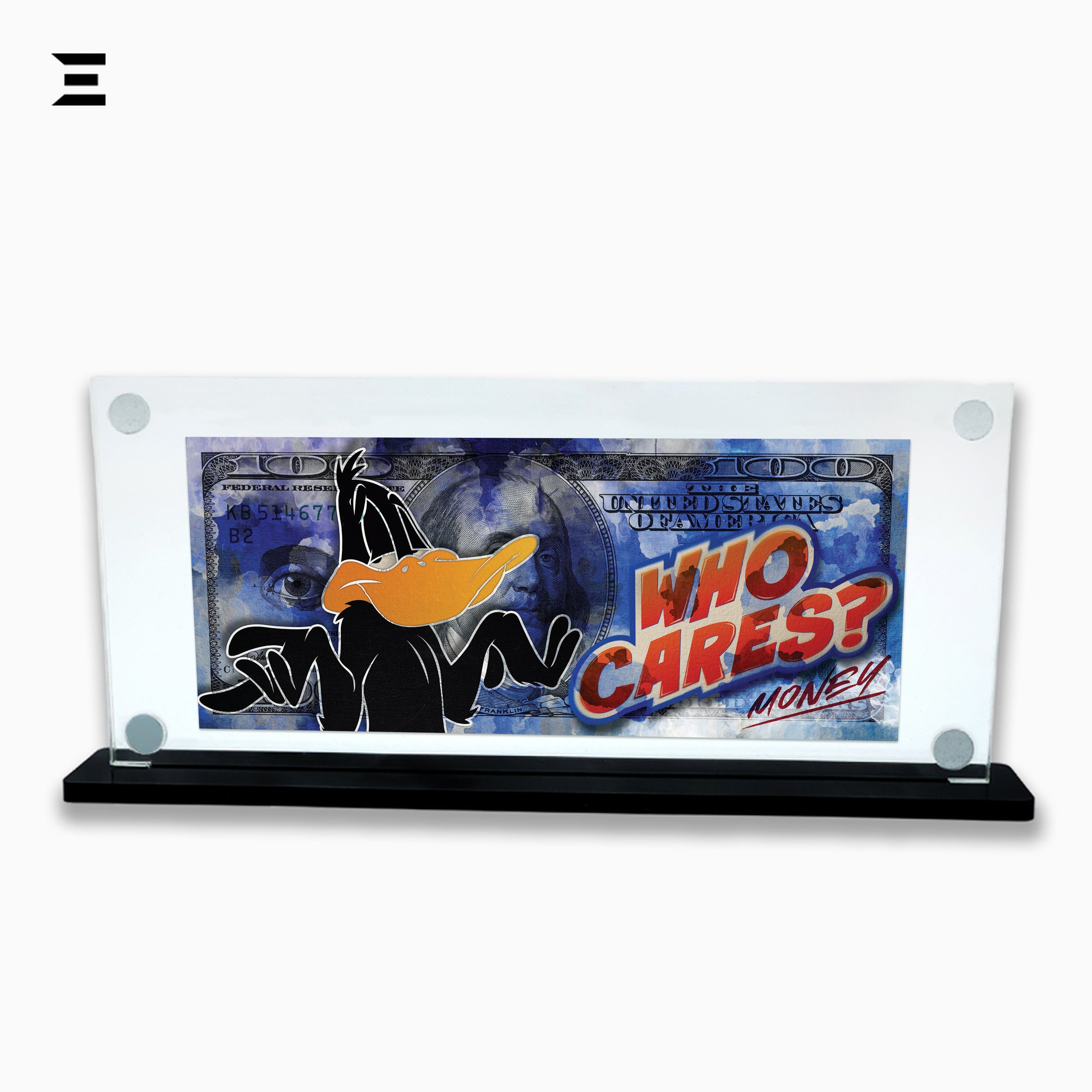 Premium Magnetic Acrylic Frame with Black Base – Daffy Duck “Who Cares? Money” Pop Art IBRELIA