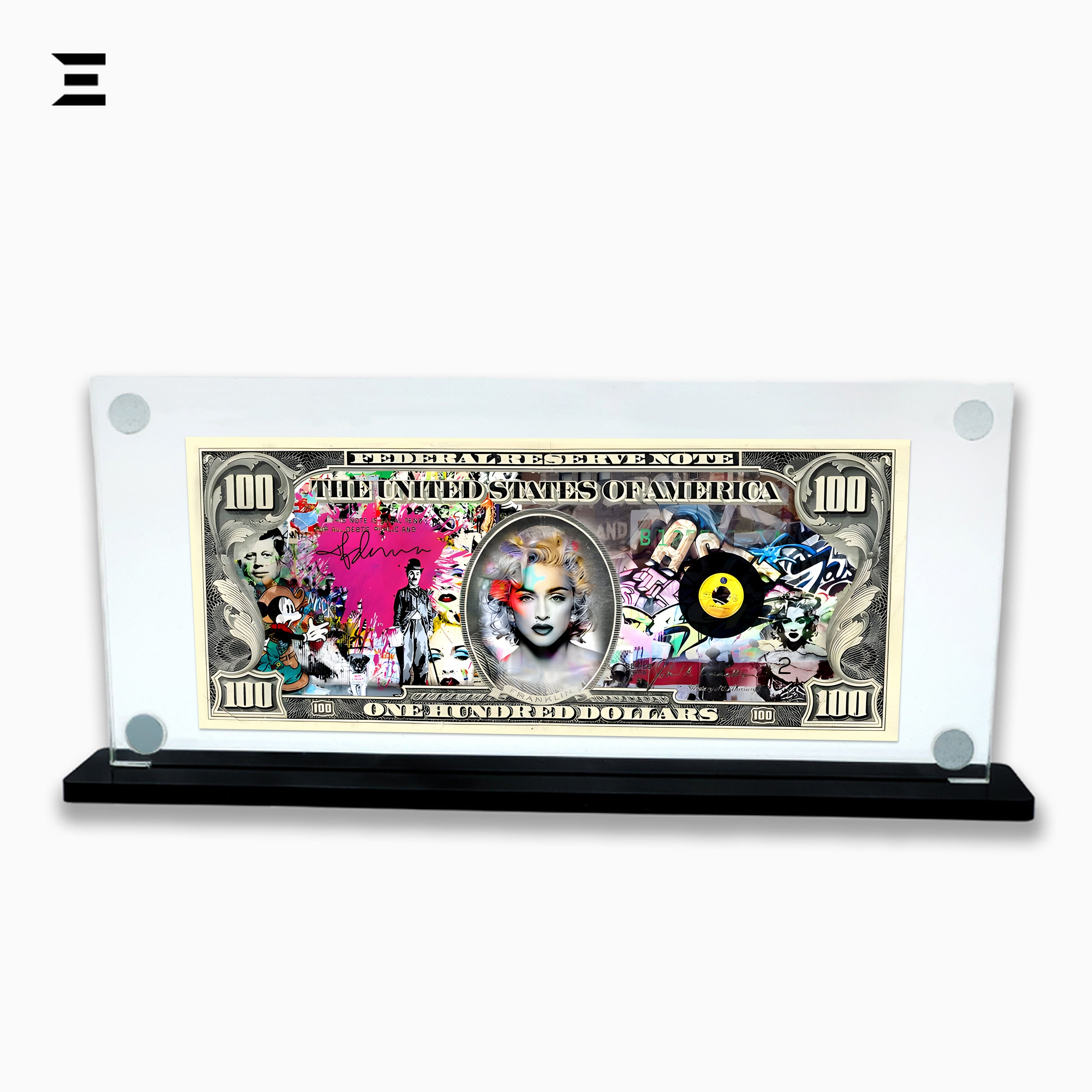 Premium Magnetic Acrylic Frame with Black Base – Madonna $100 Pop Art Dollar IBRELIA