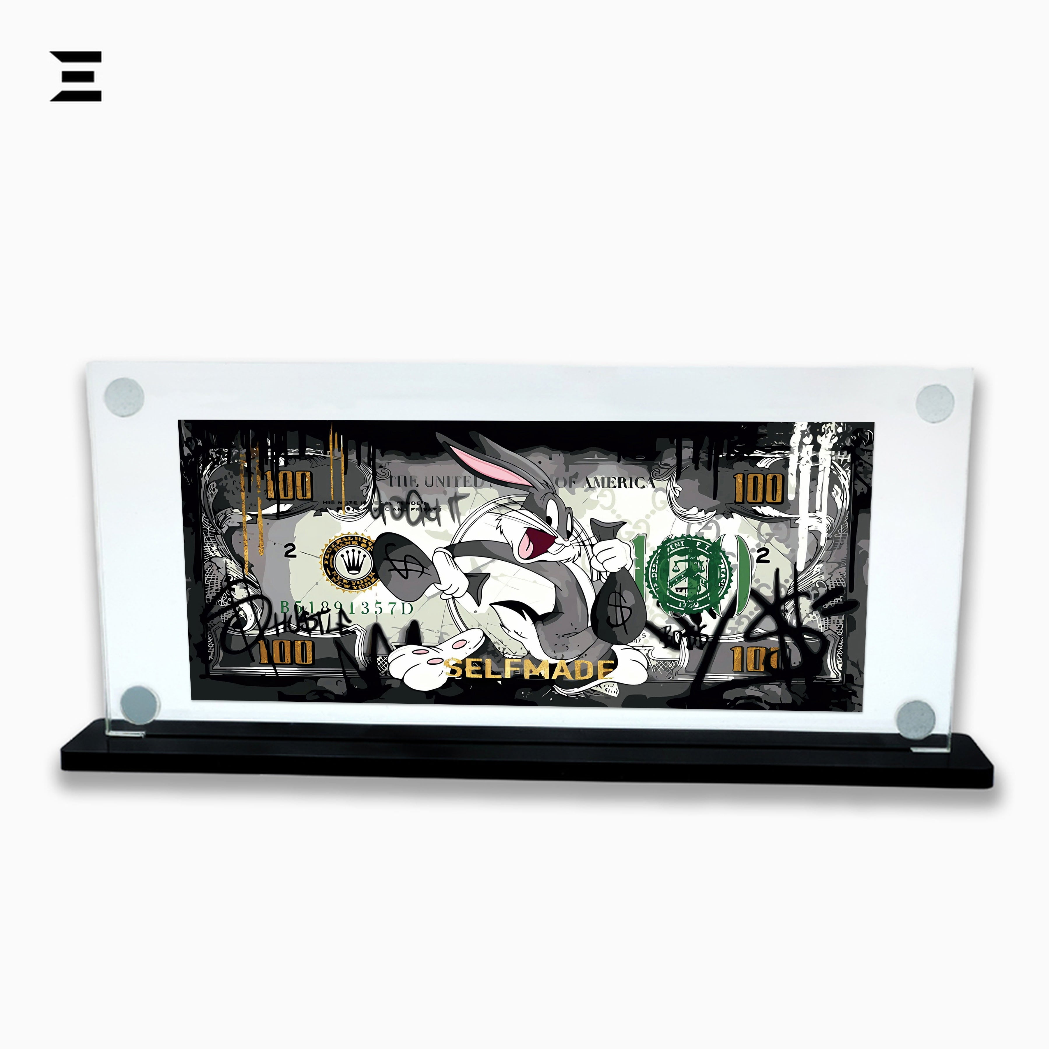 Premium Magnetic Acrylic Frame with Black Base – Bugs Bunny “Selfmade” $100 Pop Art IBRELIA