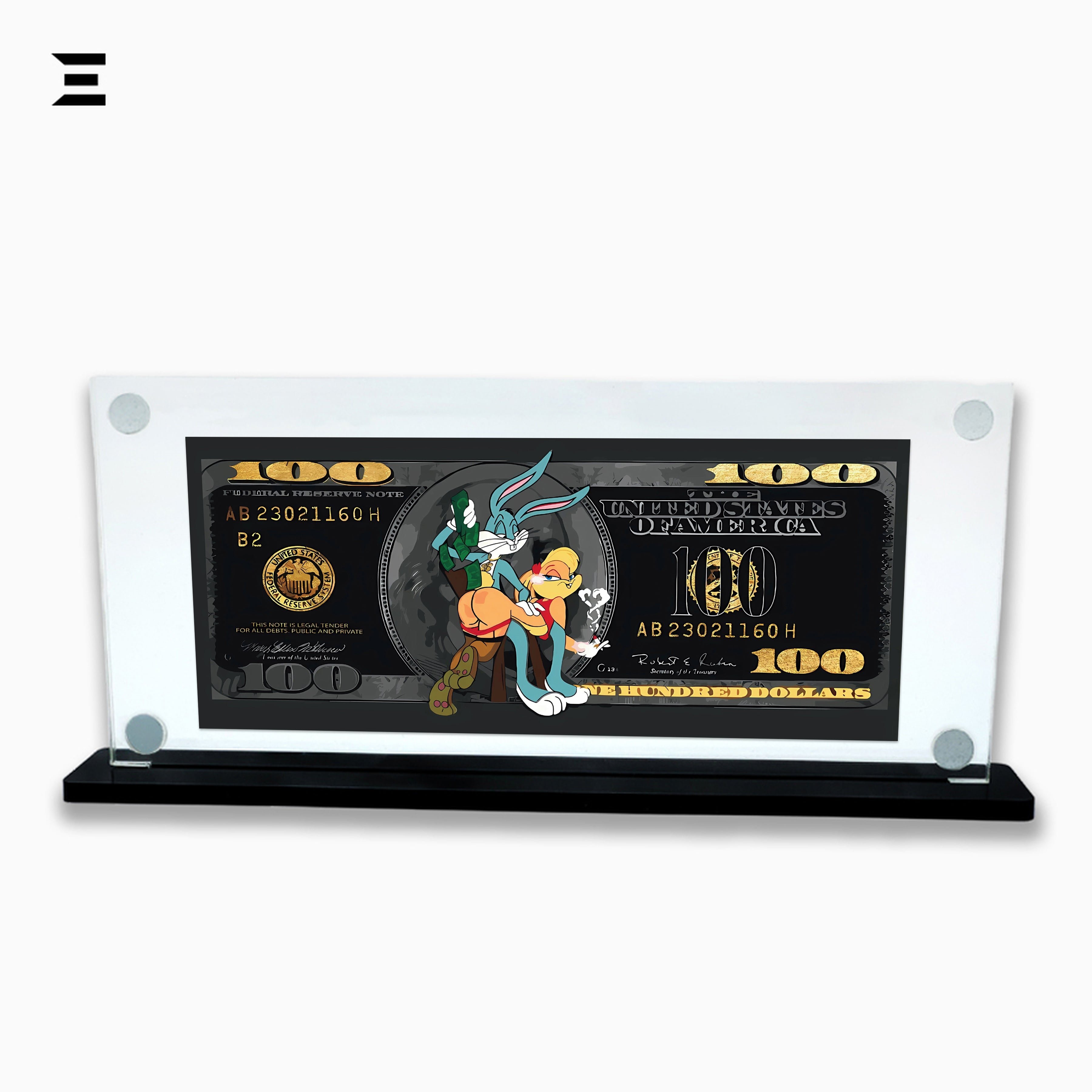 Premium Magnetic Acrylic Frame with Black Base – Bugs Bunny & Lola Bunny $100 Pop Art IBRELIA