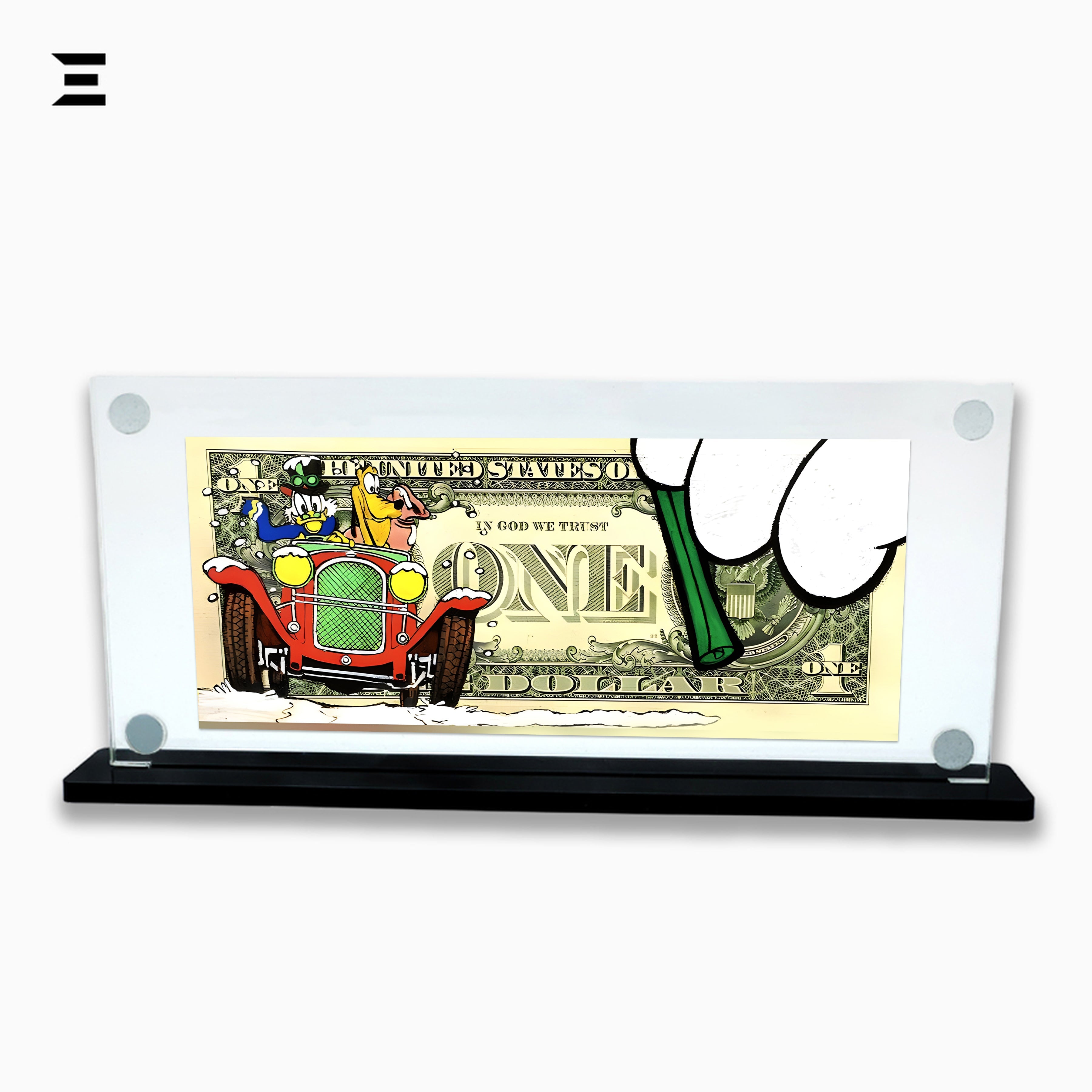 Premium Magnetic Acrylic Frame with Black Base – Goofy & Pluto Driving Vintage Car $1 Pop Art IBRELIA