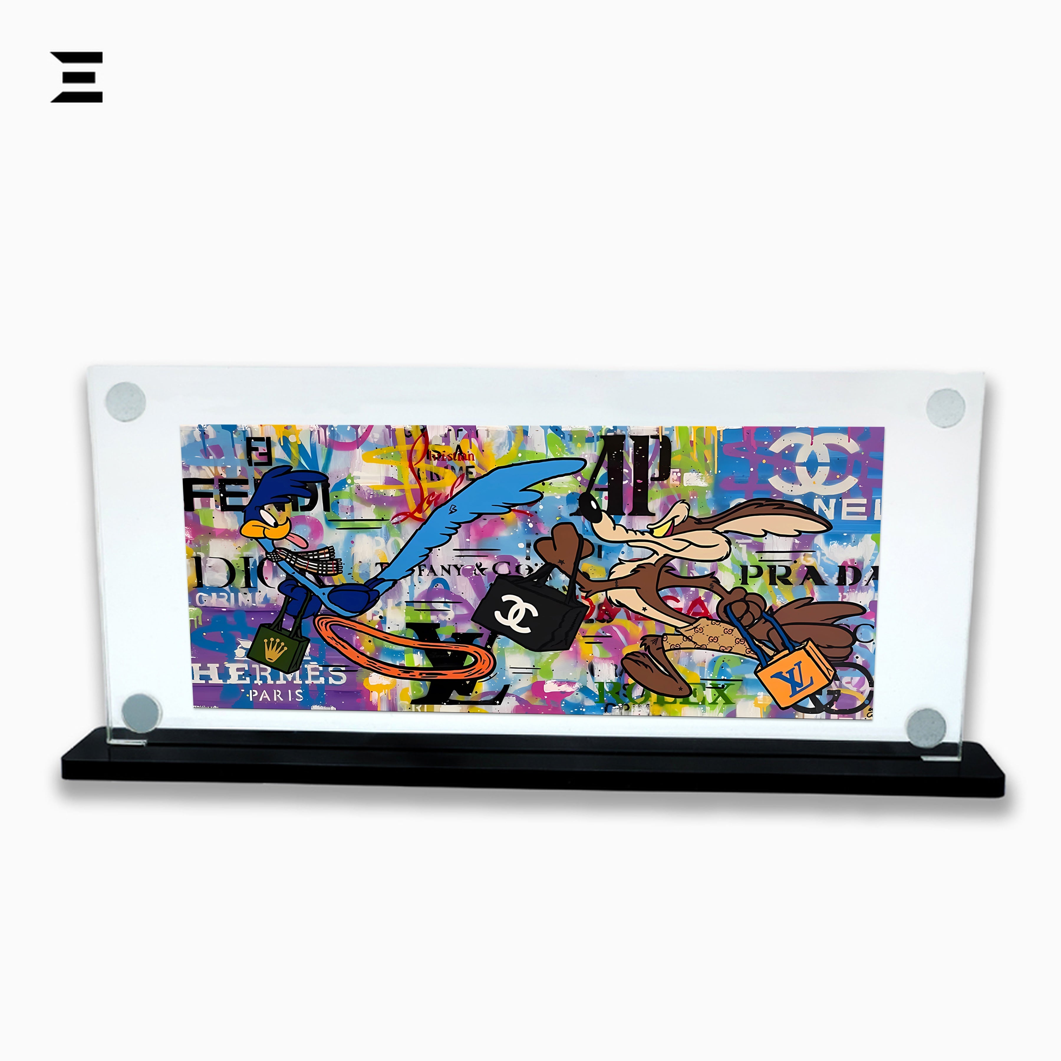 Premium Magnetic Acrylic Frame with Black Base – Road Runner & Wile E. Coyote Luxury Pop Art IBRELIA