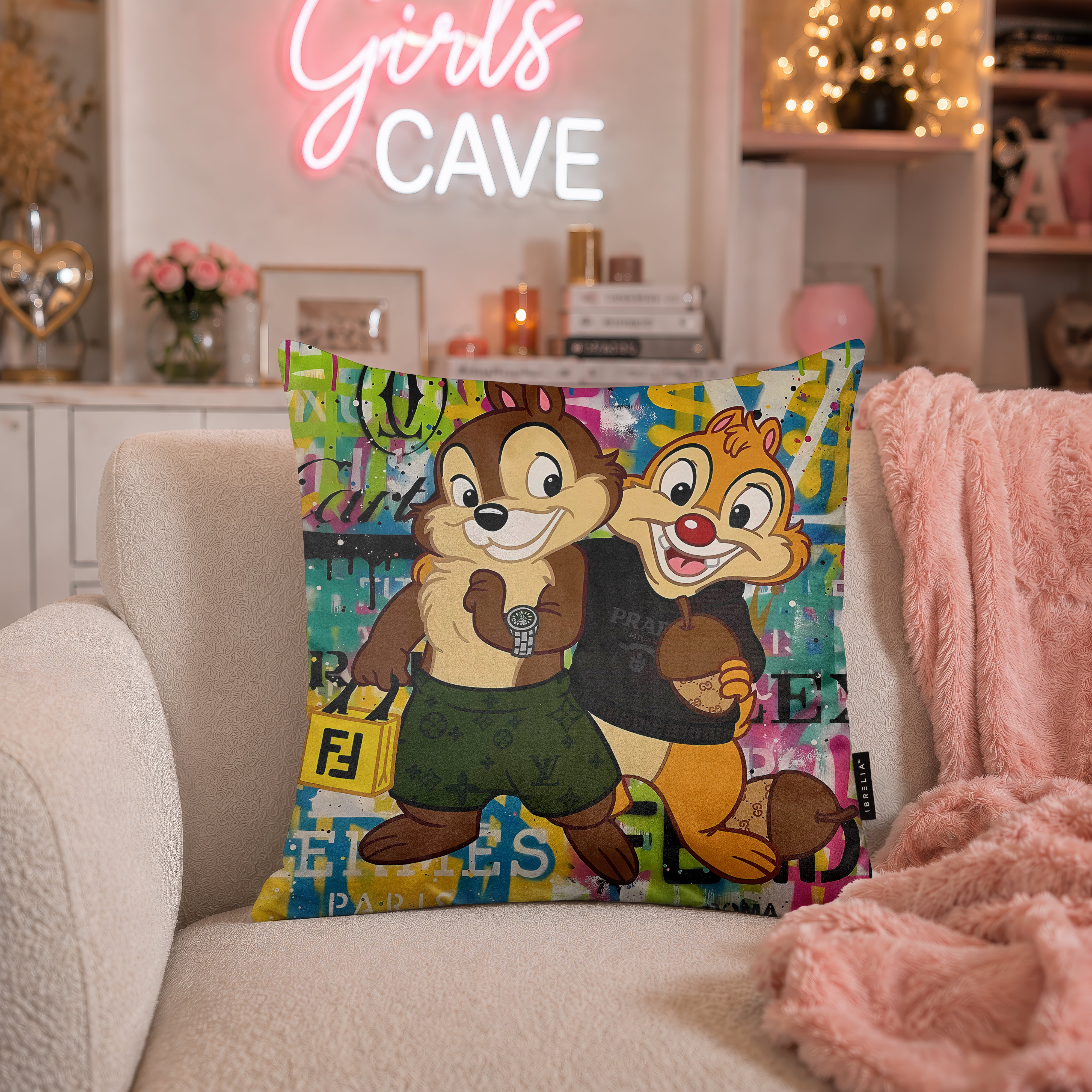 Chip ’n’ Dale Luxury Shopping Pop Art Cushion | Premium Velvet Suede | Double-Sided Print