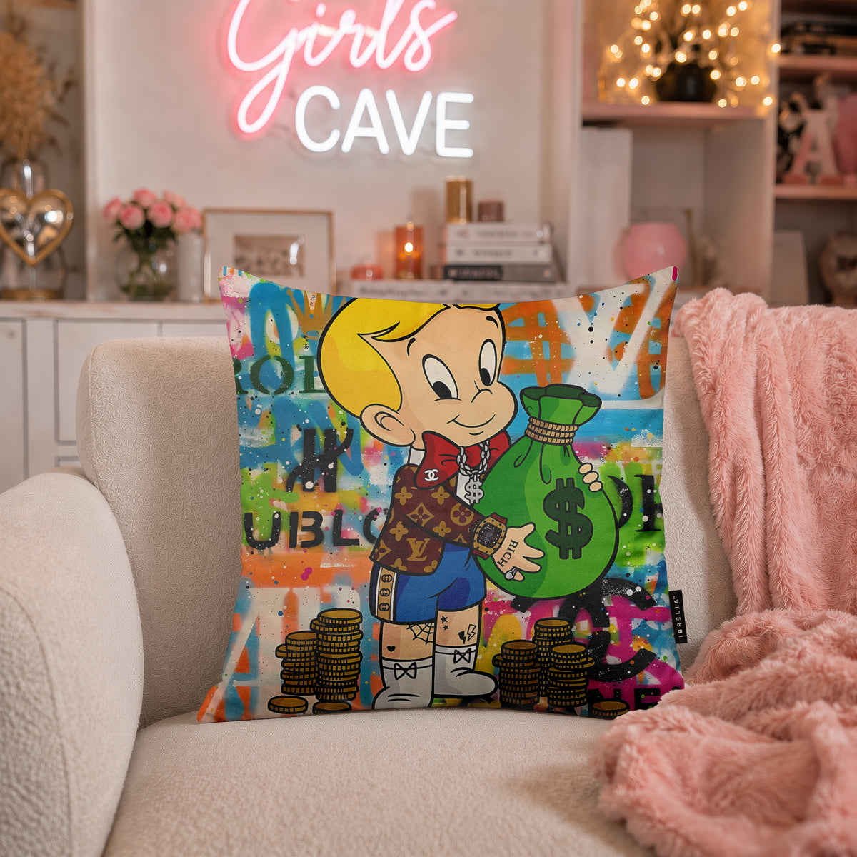 Richie Rich Money Bag Pop Art Cushion | Premium Velvet Suede | Double-Sided Print