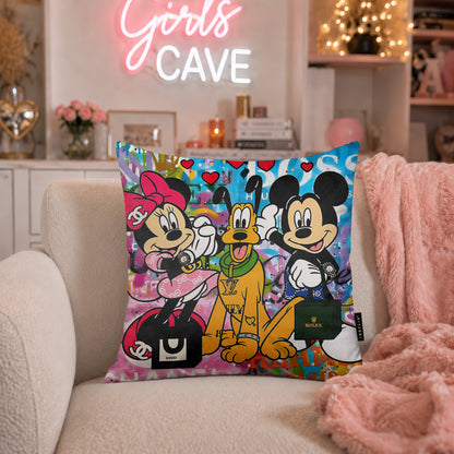 Mickey Minnie & Pluto Luxury Pop Art Cushion | Premium Velvet Suede | Double-Sided Print