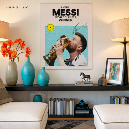 Lionel Messi Kissing the World Cup Trophy – 4K Ultra Wrap Frame Wall Art in Pakistan | IBRELIA™ - IBRELIA