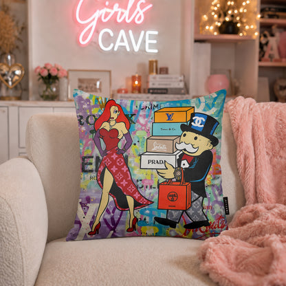 Luxury Shopping Cartoon Pop Art Cushion | Premium Velvet Suede | Double-Sided Print
