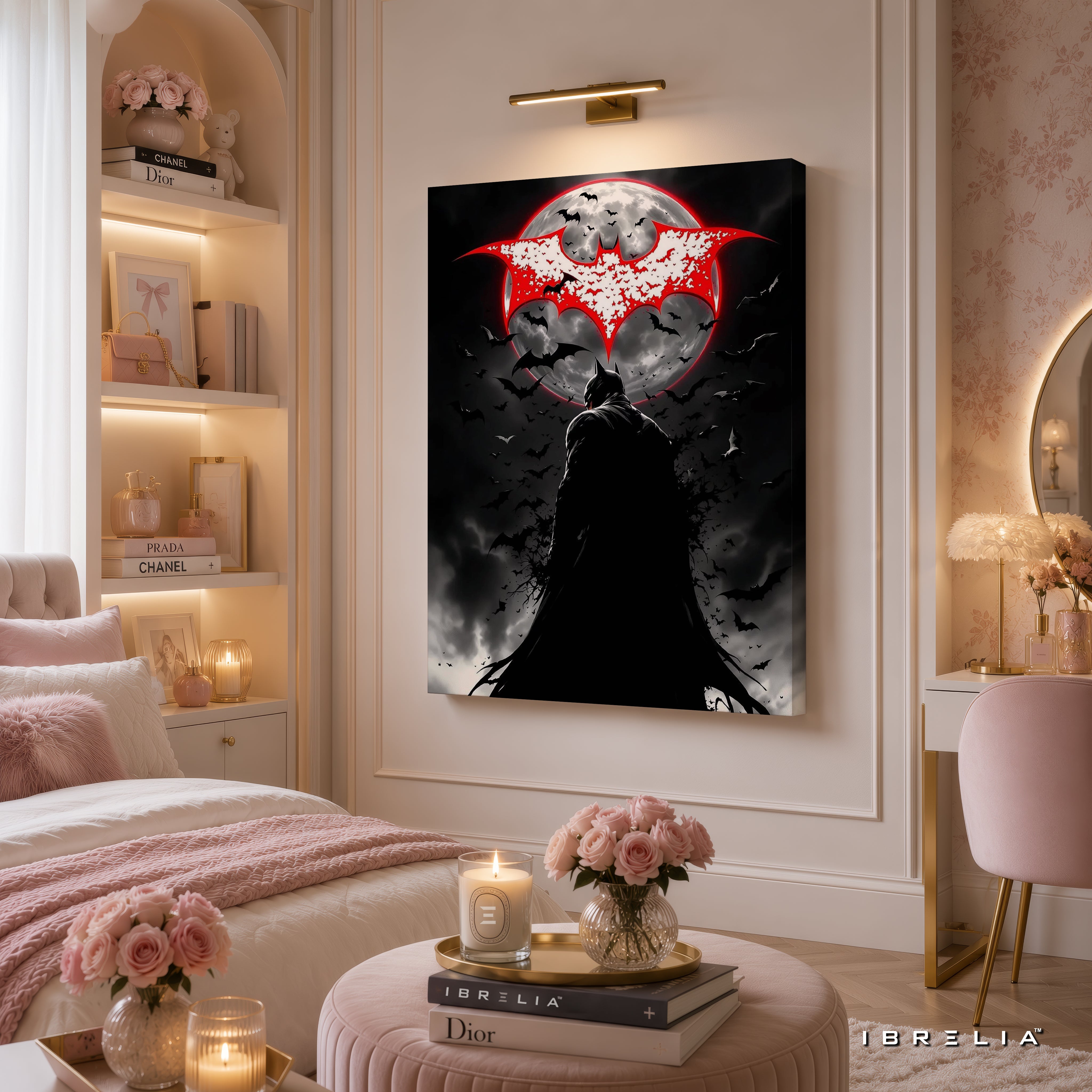 The Dark Knight Batman Wall Art – Red Moon Gotham Premium Wrapped MDF Wall Decor | IBRELIA™