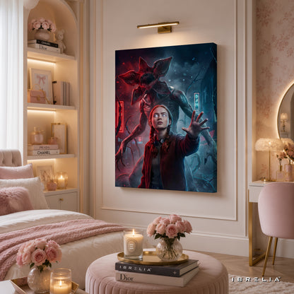 Stranger Things Demogorgon Premium Canvas Wall Art – Eleven vs Demogorgon Netflix Artwork | Sci-Fi Horror Canvas Decor | IBRELIA™