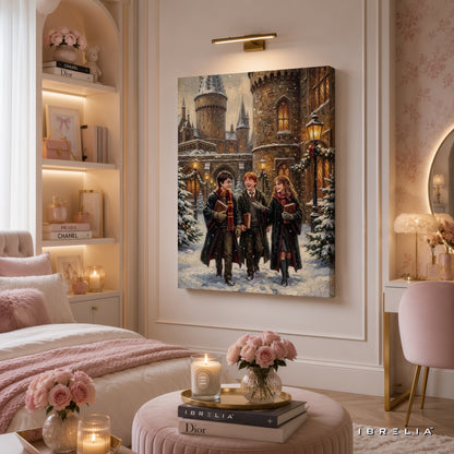 Harry Potter Golden Trio Winter at Hogwarts Wall Art – Premium Wrapped MDF Wall Decor | IBRELIA™