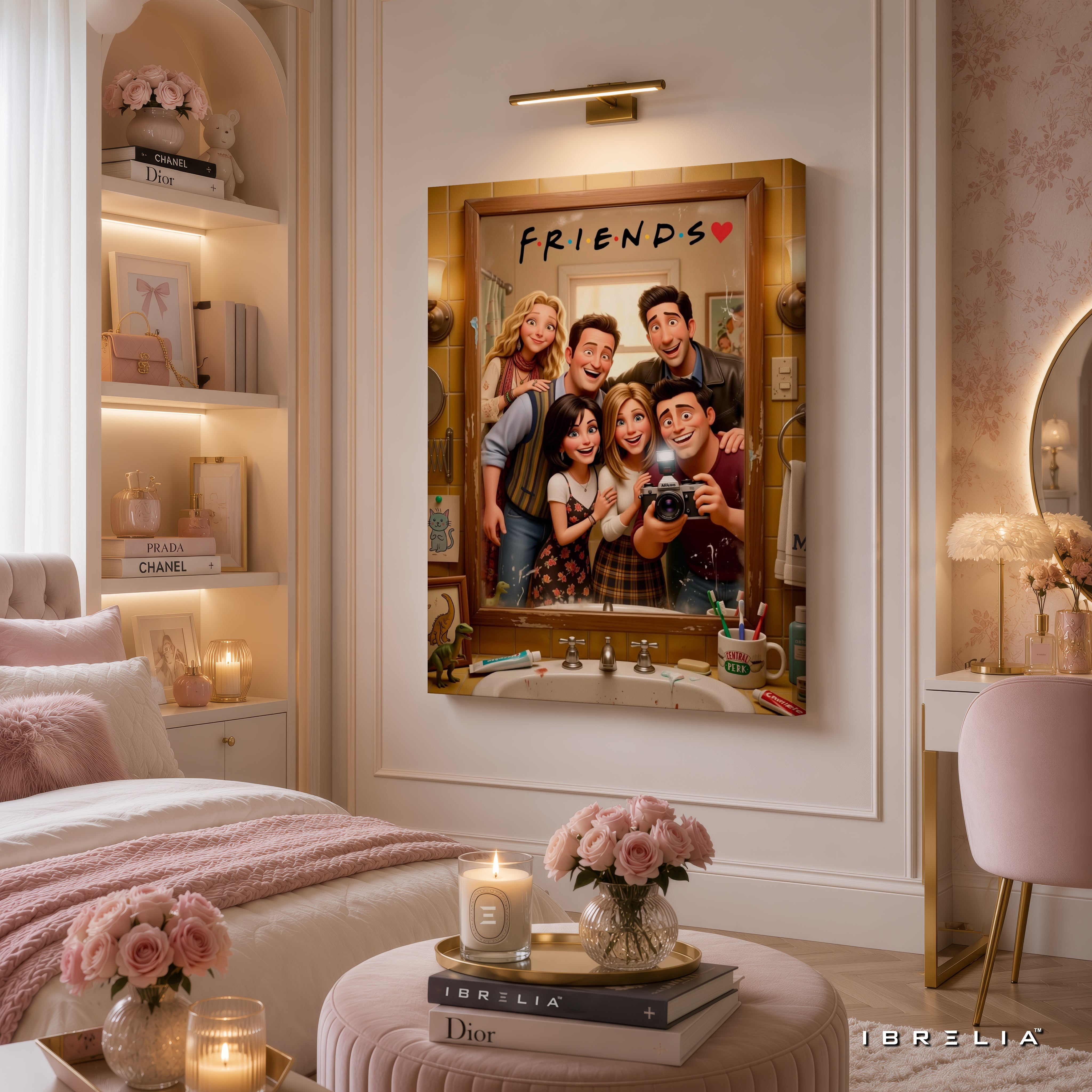 Friends TV Show Cartoon Canvas Wall Art – Cute Friends Mirror Selfie Artwork | Animated Sitcom Canvas Decor | IBRELIA™