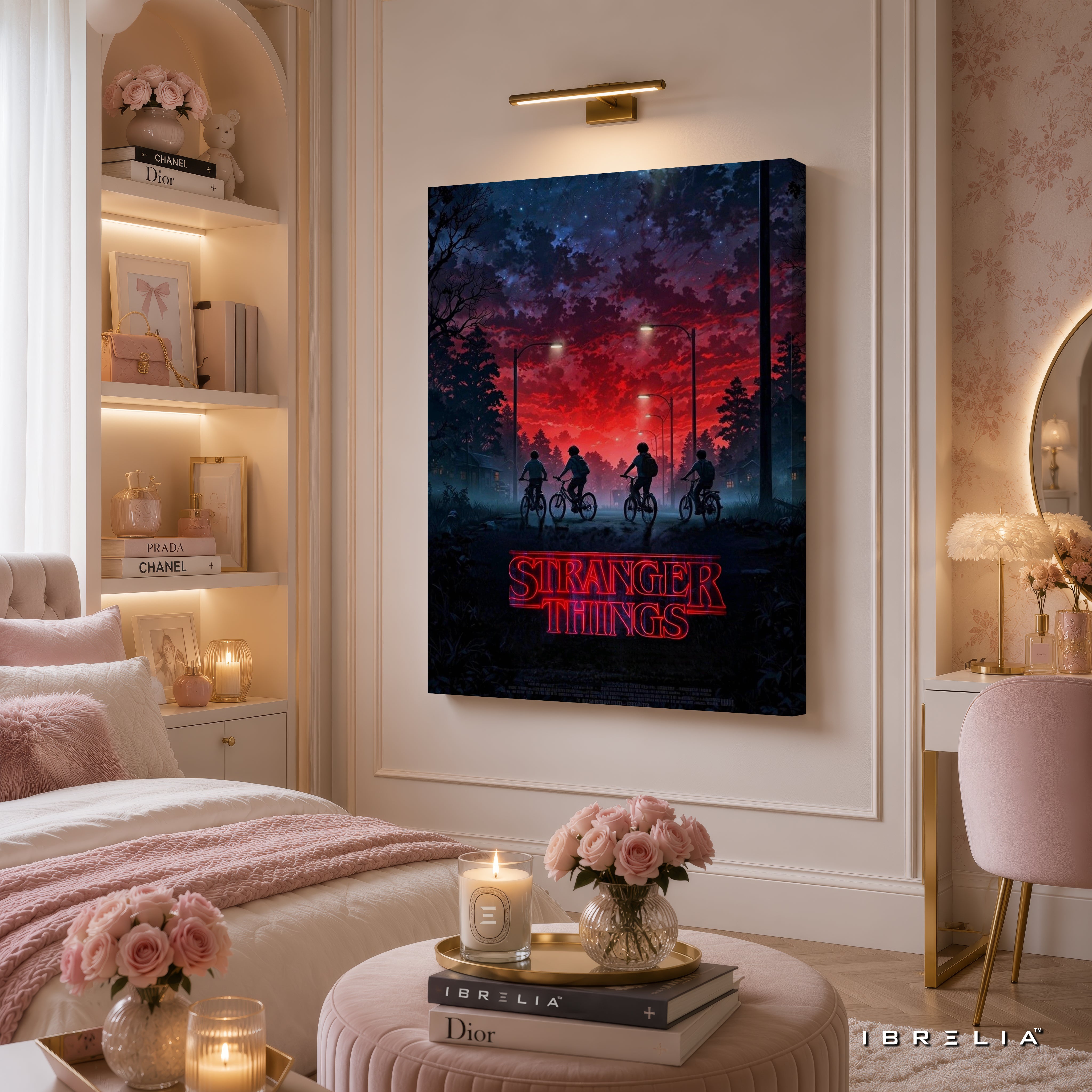 Stranger Things Premium Canvas Wall Art – Hawkins Bicycle Poster | Netflix Series Artwork | Retro Sci-Fi Horror Canvas Decor | IBRELIA™