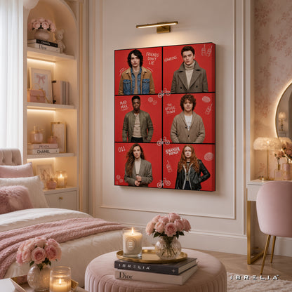 Stranger Things Character Grid Premium Canvas Wall Art – Eleven, Mike, Dustin, Lucas & Max Netflix Artwork | Retro TV Series Canvas Decor | IBRELIA™