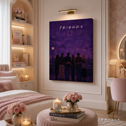 Friends TV Show Premium Canvas Wall Art – Iconic Friends Reunion Purple Skyline Artwork | Sitcom Canvas Decor | IBRELIA™