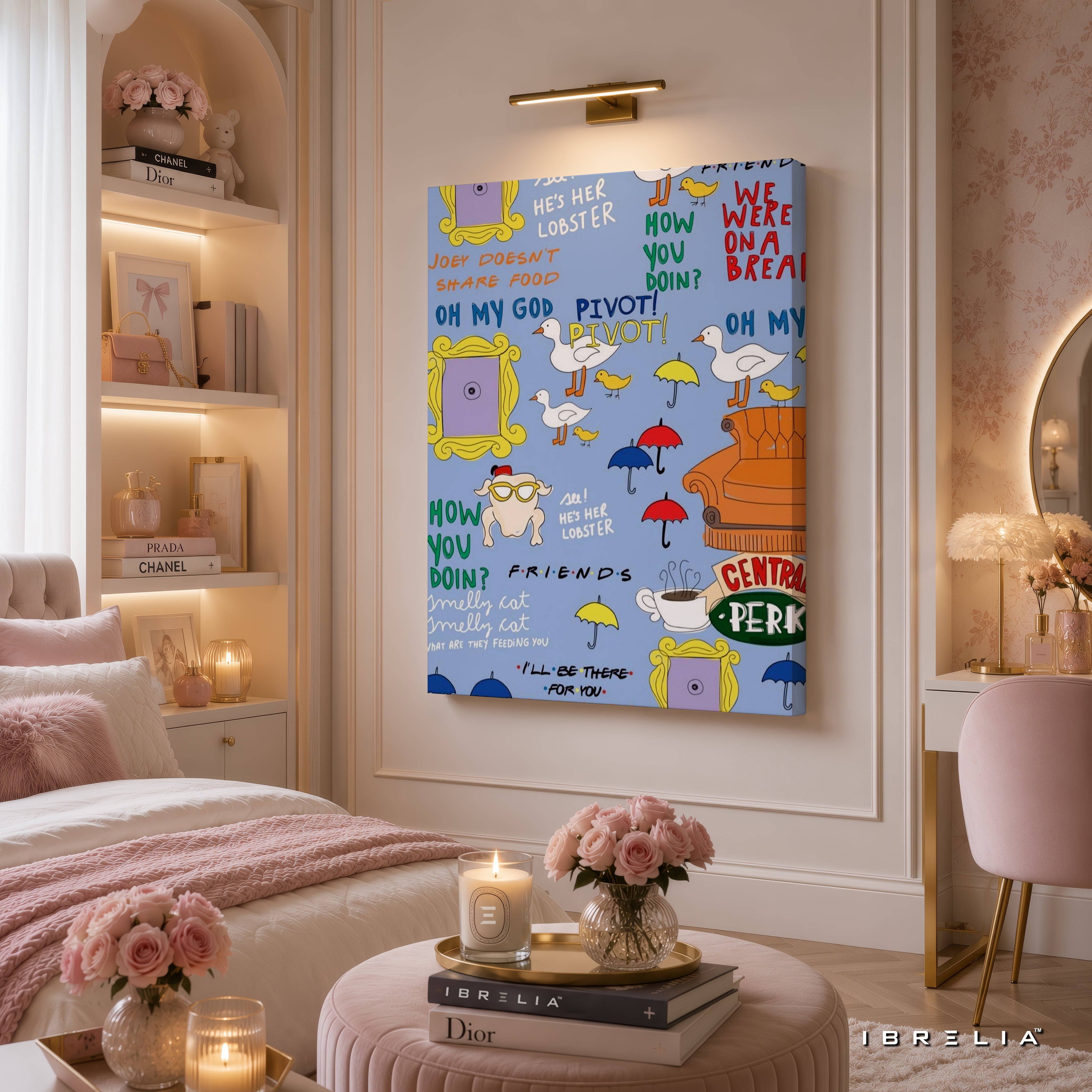 Friends TV Show Icons Canvas Wall Art – Friends Quotes & Symbols Pattern Canvas Print | Sitcom Aesthetic Wall Decor | IBRELIA™