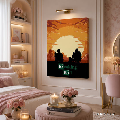 Breaking Bad Sunset Canvas Wall Art – Walter White & Jesse Pinkman Desert Canvas Print | Minimalist Breaking Bad Wall Decor | IBRELIA™