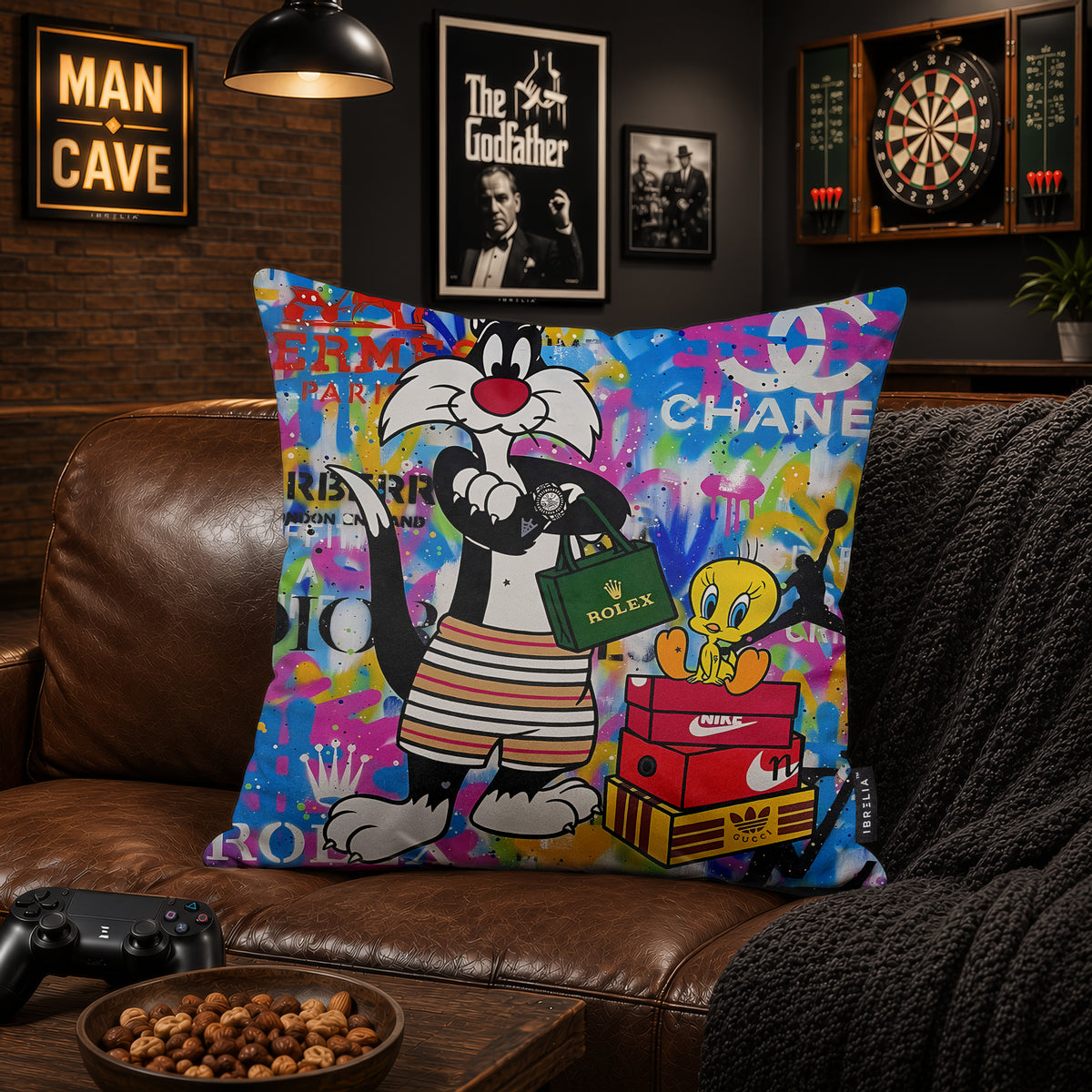 Sylvester & Tweety Luxury Shopping Pop Art Cushion | Premium Velvet Suede | Double-Sided Print
