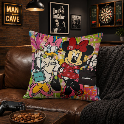 Daisy Duck & Minnie Mouse Luxury Shopping Pop Art Cushion | Premium Velvet Suede | Double-Sided Print