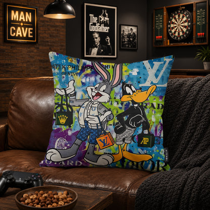 Bugs Bunny & Daffy Duck Luxury Shopping Pop Art Cushion | Premium Velvet Suede | Double-Sided Print