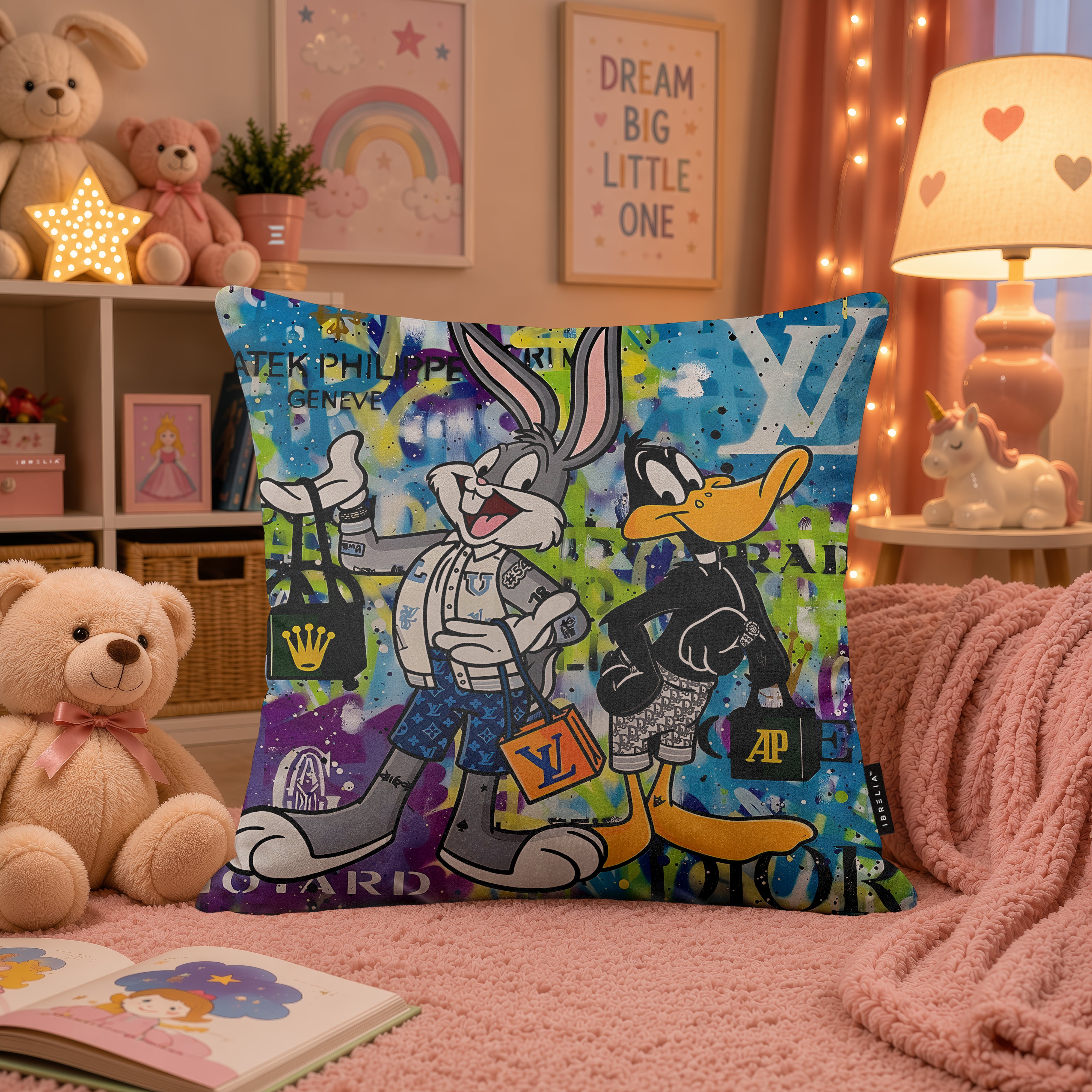 Bugs Bunny & Daffy Duck Luxury Shopping Pop Art Cushion | Premium Velvet Suede | Double-Sided Print
