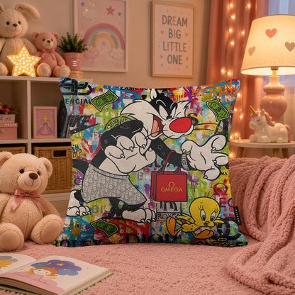 Sylvester & Tweety Luxury Money Pop Art Cushion | Premium Velvet Suede | Double-Sided Print