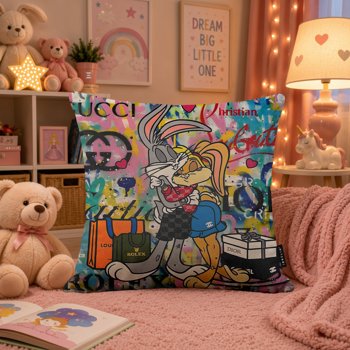 Bugs & Lola Bunny Luxury Love Pop Art Cushion | Premium Velvet Suede | Double-Sided Print