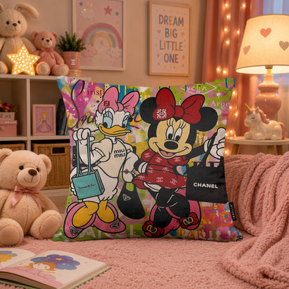 Daisy Duck & Minnie Mouse Luxury Shopping Pop Art Cushion | Premium Velvet Suede | Double-Sided Print