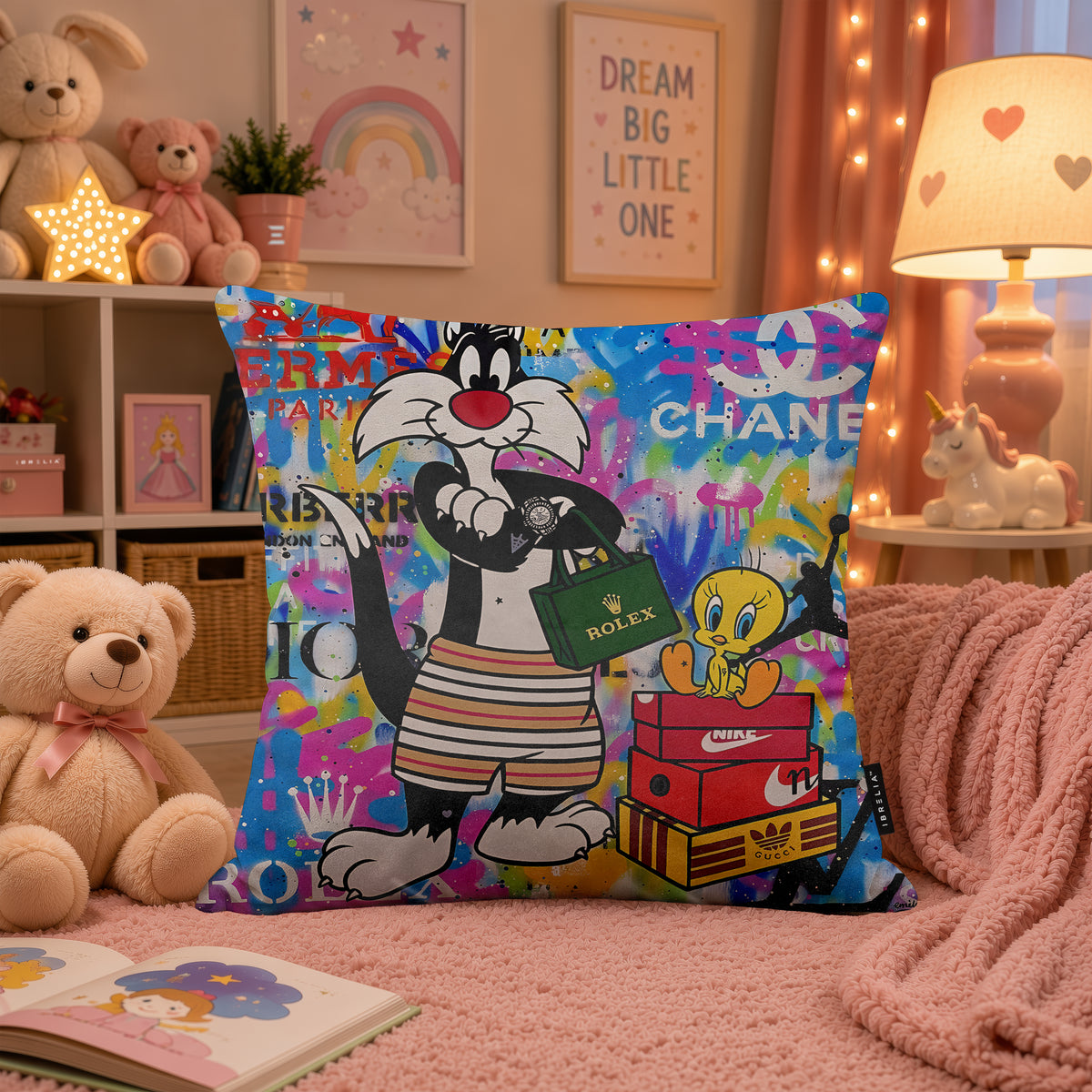 Sylvester & Tweety Luxury Shopping Pop Art Cushion | Premium Velvet Suede | Double-Sided Print
