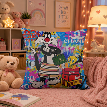 Sylvester & Tweety Luxury Shopping Pop Art Cushion | Premium Velvet Suede | Double-Sided Print