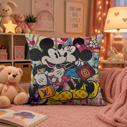 Mickey & Minnie Luxury Kiss Pop Art Cushion | Premium Velvet Suede | Double-Sided Print