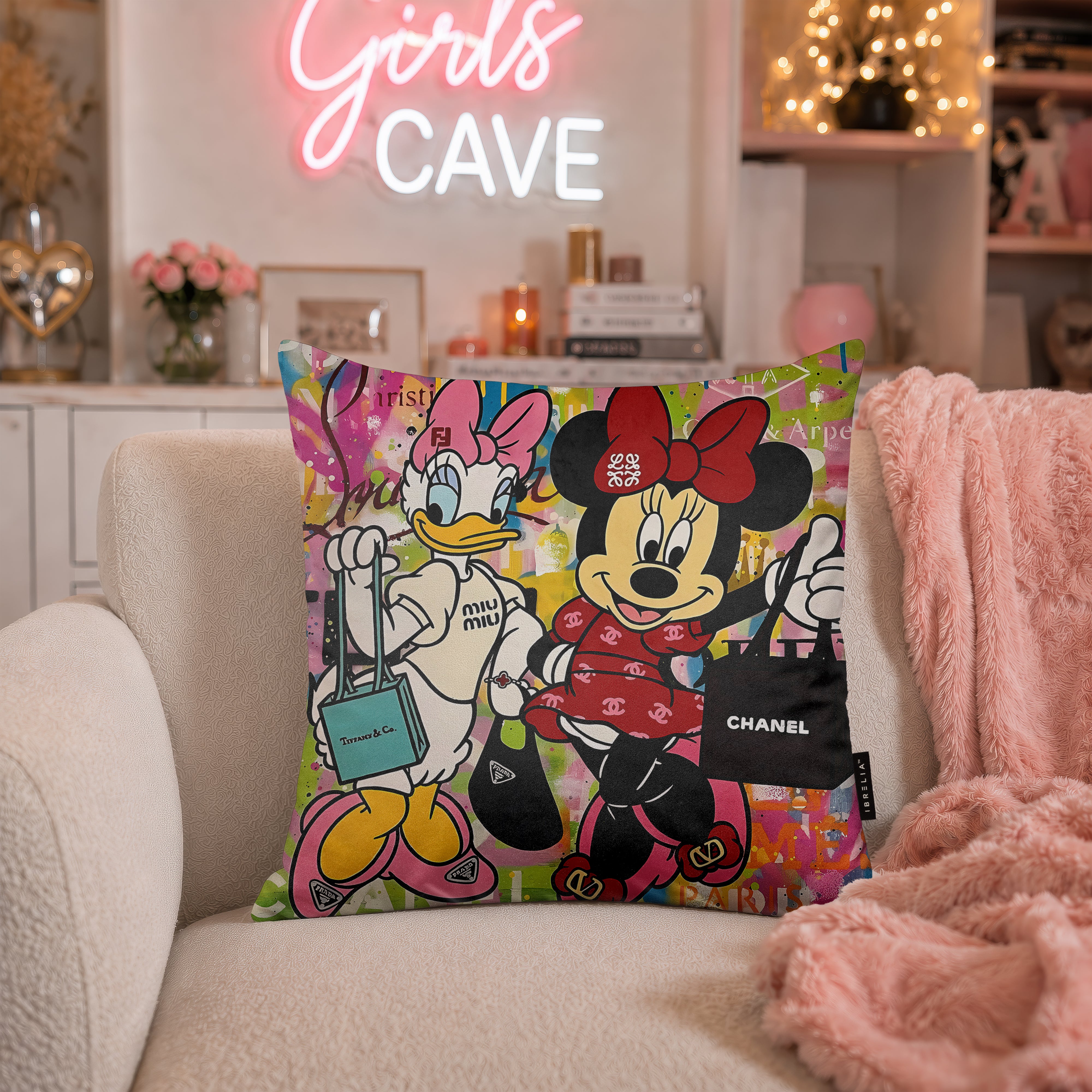 Daisy Duck & Minnie Mouse Luxury Shopping Pop Art Cushion | Premium Velvet Suede | Double-Sided Print