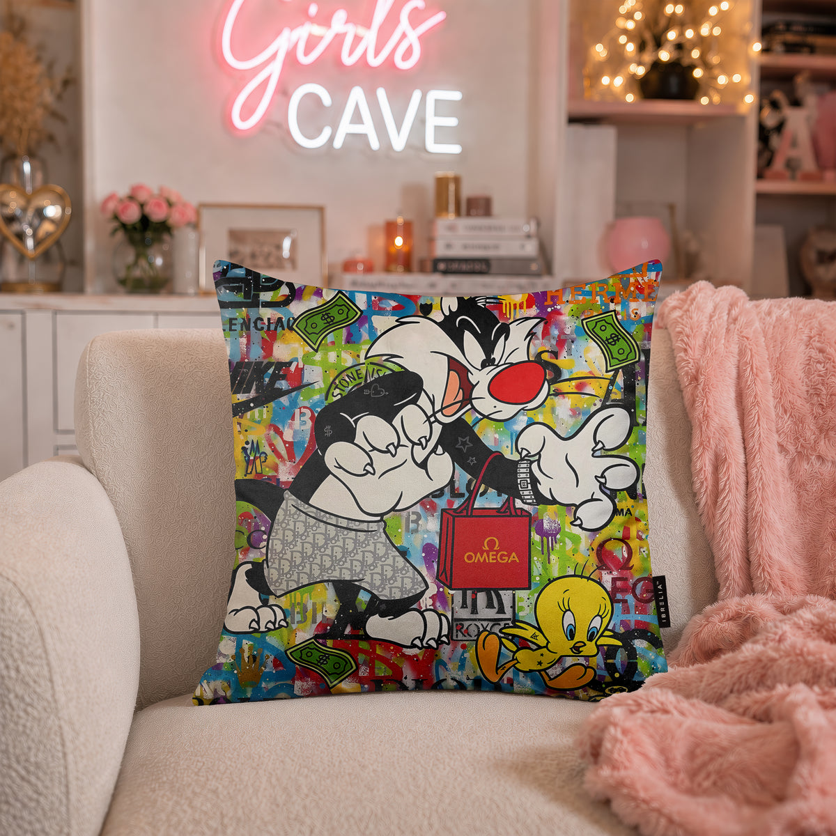 Sylvester & Tweety Luxury Money Pop Art Cushion | Premium Velvet Suede | Double-Sided Print