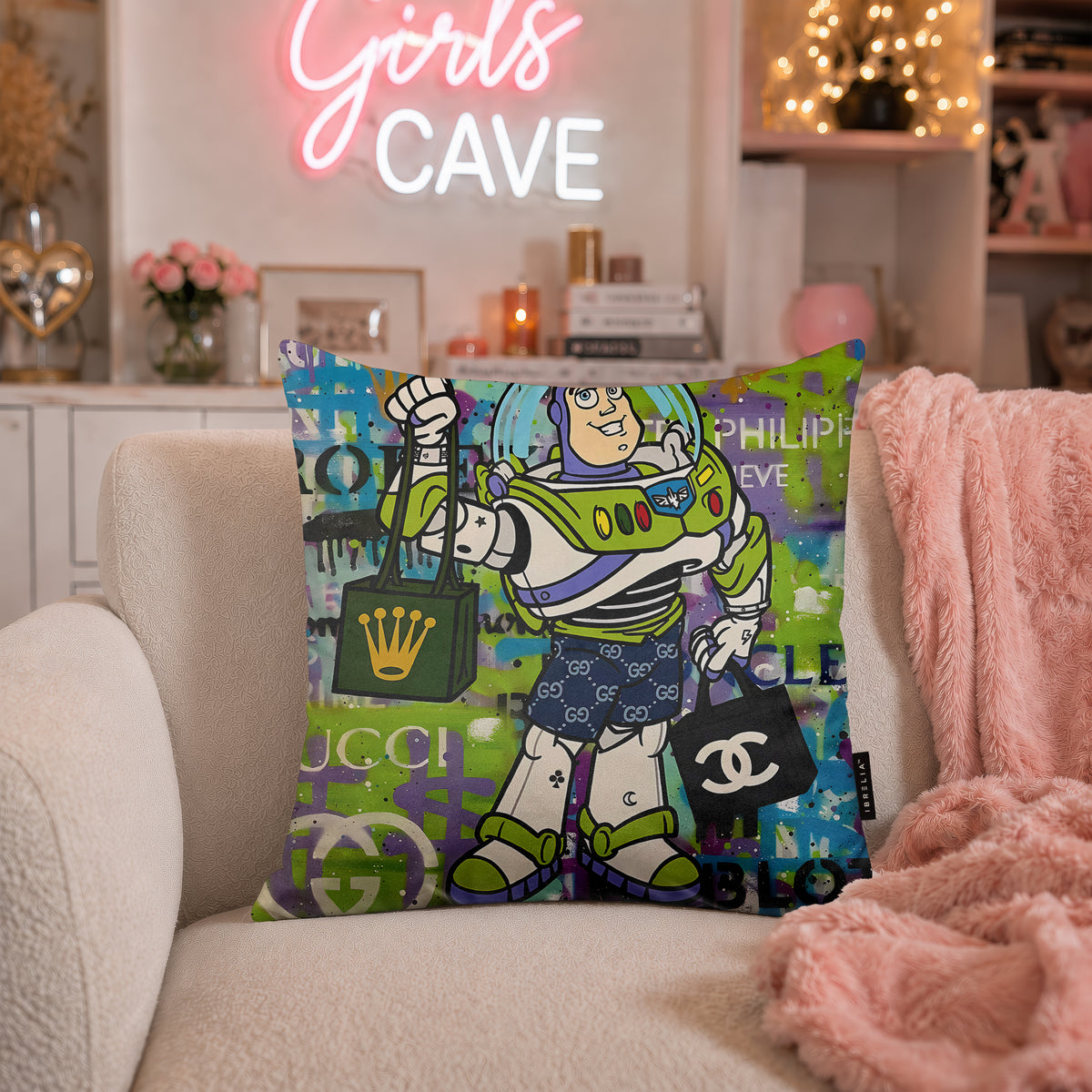 Buzz Lightyear Luxury Shopping Pop Art Cushion | Premium Velvet Suede | Double-Sided Print