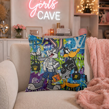 Bugs Bunny & Daffy Duck Luxury Shopping Pop Art Cushion | Premium Velvet Suede | Double-Sided Print